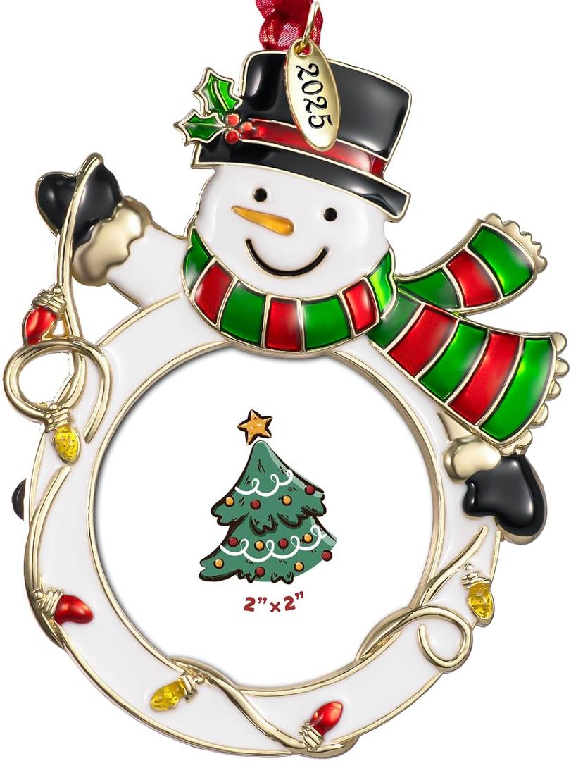 West style 2025 Christmas Tree Ornaments - Made of Zinc Alloy Glitter Powder Pendant 2x2 Inch Picture Frame Ornament for Pet and Baby Holiday Keepsake Gift (2025, Snowman)