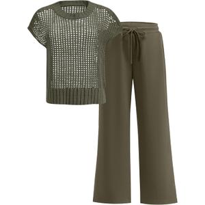 ANRABESS Women Two Piece Outfits Crochet Sheer Knit Sweater Top Wide Leg Pants Lounge Matching Sets Sweatsuit Travel Clothes Army Green X-Large