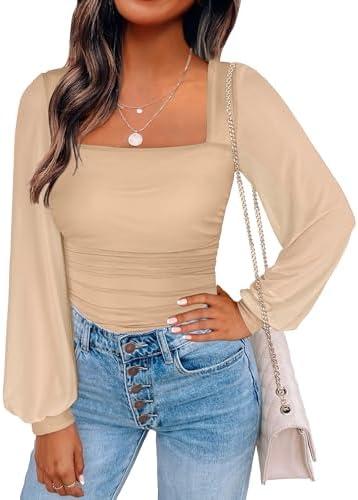 ANRABESS Womens Square Neck Mesh Long Sleeve Tops Double Lined Dressy Business Casual Blouses Shirts 2025 Fall Outfits S