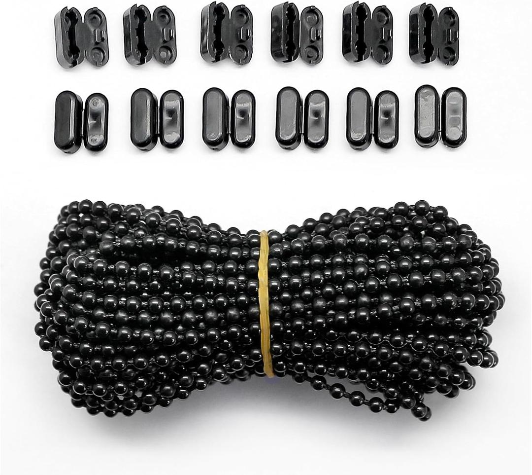 FQTANJU 10 Yards Black Plastic Roller Blind Bead Chain Cord with 12 PCS Connector Clips Replacement Repair Fittings Parts for Vertical Shades Roman Shades Roller Shade Blind