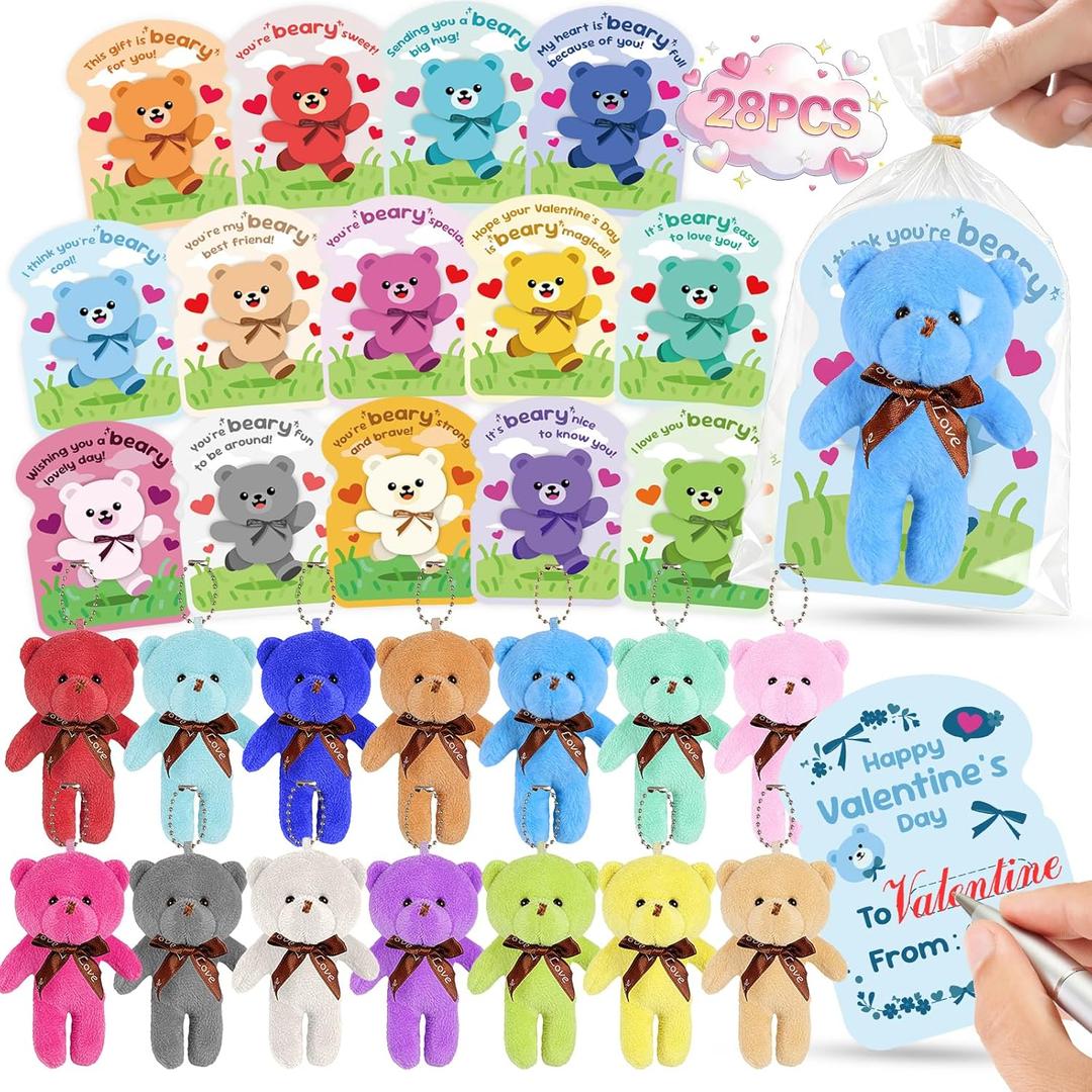 28 Packs Valentine's Day Gift for Kids - 4.7" Mini Plush Bear Stuffed Animals Bulk Keychain with Valentine's Day Cards for Kids School, Classroom Gift Exchange, Party Favor & Prize for Boys Girls