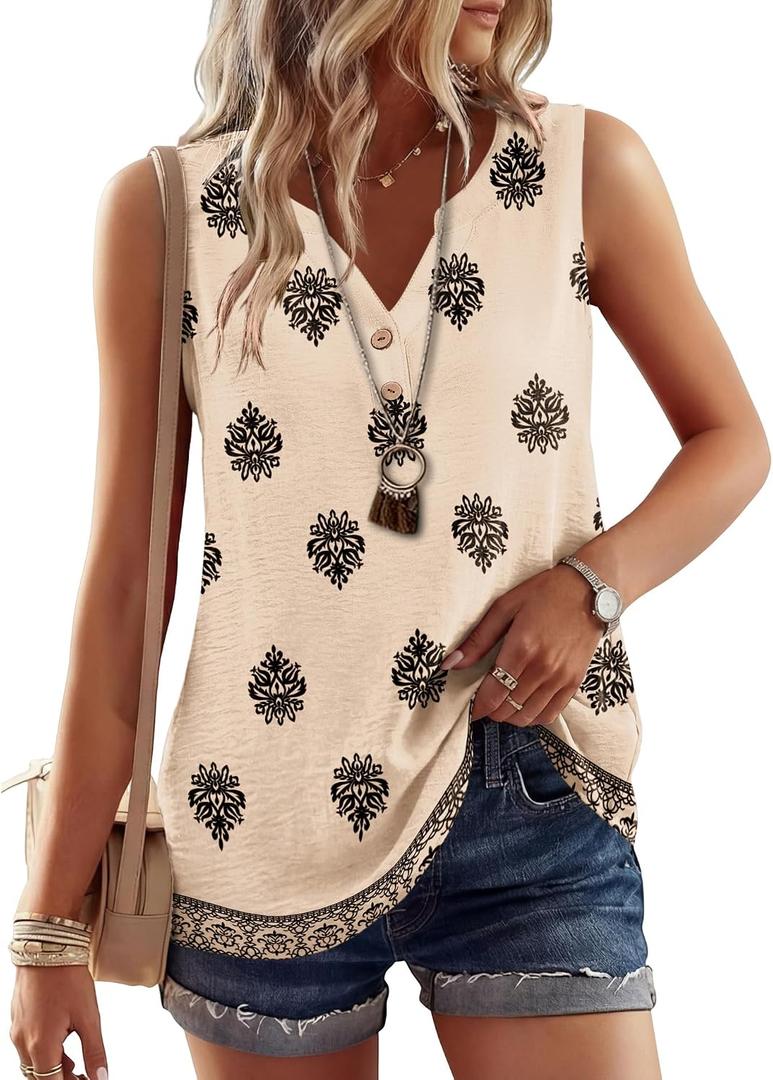 Micoson Summer Tank Tops for Women V Neck Sleeveless Tops Chiffon Casual Loose Flowy Button Down Boho Tshirt 2026 (Beige) L