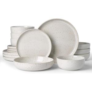 Famiware Meteor Stoneware Dinnerware Sets with Pasta Bowls, Service for 4 (16 Pieces), Plates and Bowls Sets, Microwave and Dishwasher Safe Dishes Set, Creamy White