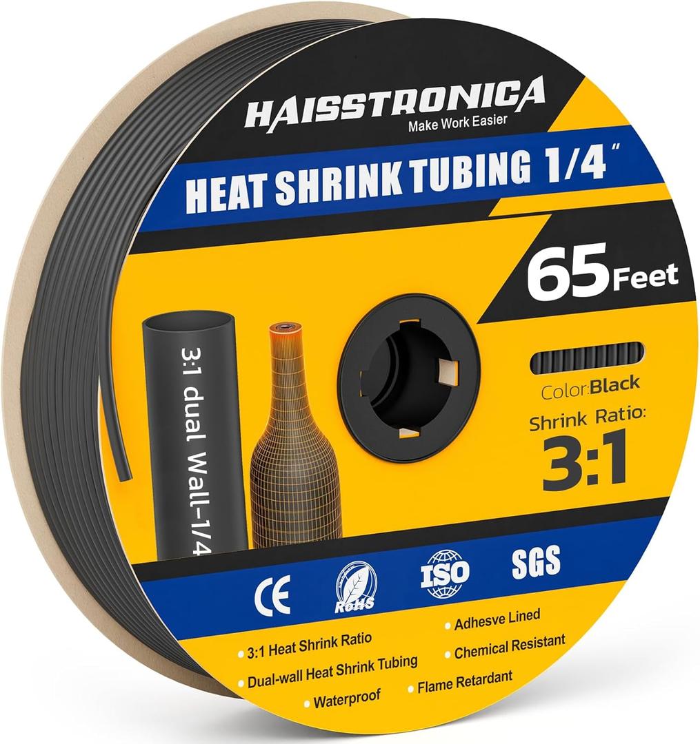 haisstronica 3:1 Heat Shrink Tubing, Shrink Ratio Adhesive Lined Marine Grade Heat Shrink Tube for Home, Automotive and Industrial (Black) 65FT 1/4inch