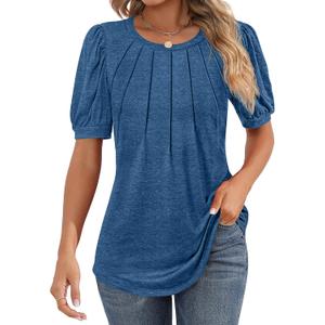 Riyiper Women's Short Sleeve Pleated Tops Crew Neck Puff Sleeve Spring Blouses Tunic Top Summer Dressy Casual T Shirt (S)