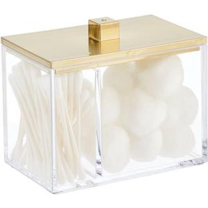 mDesign Modern Square Bathroom Vanity Countertop Storage Organizer Canister Jar for Cotton Swabs, Rounds, Balls, Makeup Sponges, Bath Salts - 2 Divided Sections - Clear/Soft Brass