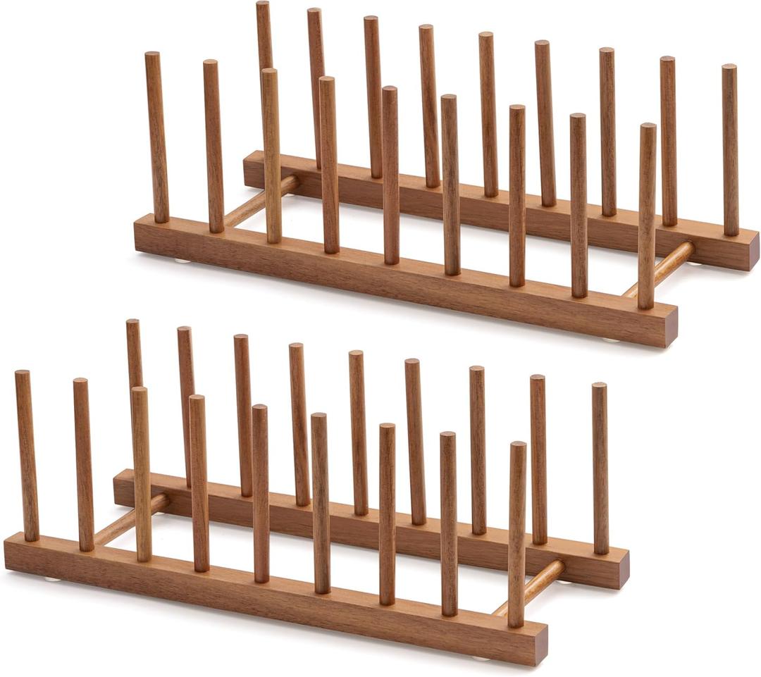HBlife 2pcs Acacia Wooden Dish Dying Rack Pot Lid Plate Organizer Holder for Cabinet, Cutting Board Stand Drainer Storage Plate Rack for Dish, Pot Lid, Bowl, Cup, Cutting Board and Books