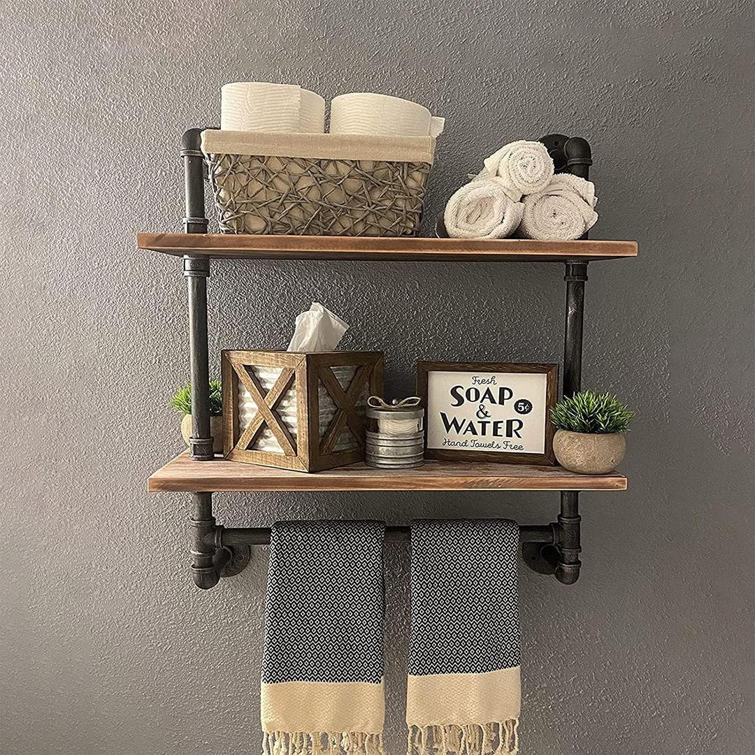 MBQQ Shelving Bathroom Pipe Shelves with Towel Bar Over Toilet, 24 inch Pine Wood Floating Shelves for Wall Mounted Bedroom,Kitchen, Farmhouse, Living Room