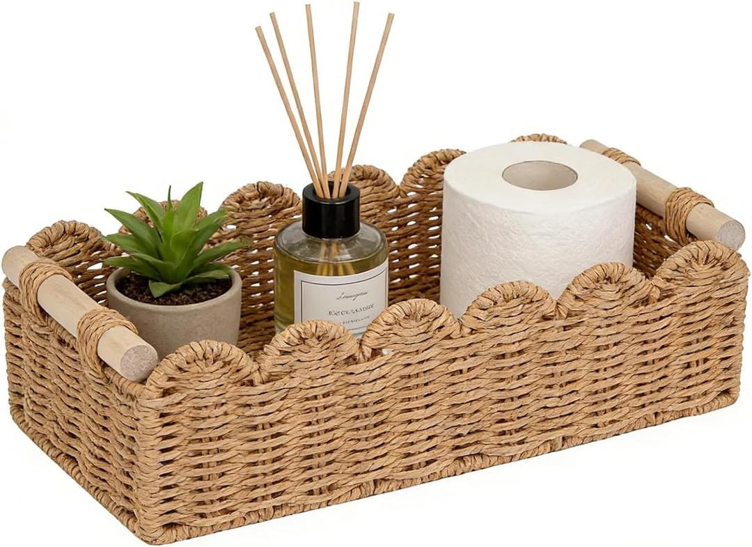 Upgraded Paper Rope Scalloped Edge Toilet Paper Storage Basket, Small Living Room, Bedroom Decor Baskets for Over Toilet Storage Shelf, End Table, Shelves and More, with 2 Wooden Handle (Neutral)