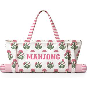 Shinylin 28 x 9 in Pink Marigold Floral Mahjong Bag for Tiles and Racks Canvas Marigold Tote Bag with Mat Holder Pink Floral Accessories Organizer Portable Mahjong Case Drawstring Protective Sleeve, 27.56 x 9.06 inches