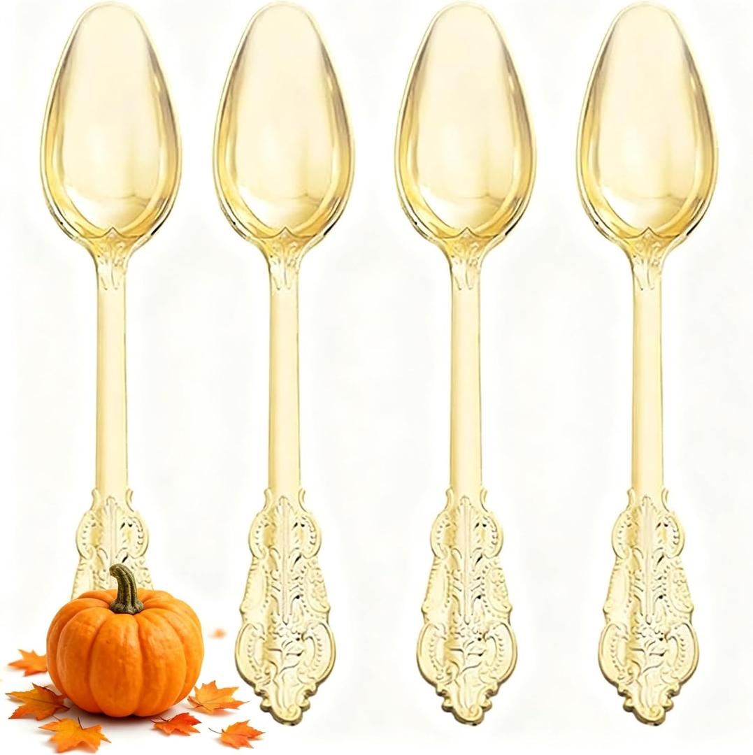 WDF 100 Piece Gold Plastic Spoons Disposable - 6.93 Inch Baroque Gold Spoons Plastic Silverware for Dessert Cake - Heavy Duty for Thanksgiving Party, Wedding or Daily Using