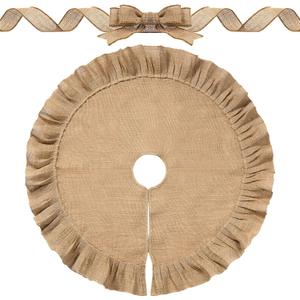 Chalyna Christmas Tree Skirt Decorations Linen Burlap Tree Skirt Xmas Tree Skirt for Winter Farmhouse Brown Burlap Christmas Decor Indoor and 3 Inches Wide Fabric Craft Ribbon 10 Yards(47 Inches)