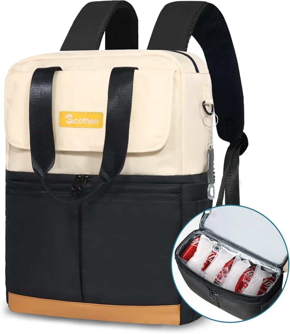 Backpack Cooler with Double Decker & 12 Ice Packs- Keeps 36 Cans Cold for Up to 24 Hours- Waterproof & Leak Proof Insulated Cooler Backpack- Stylish Cooler Bookbag for Women Travel Work Beach (Black)