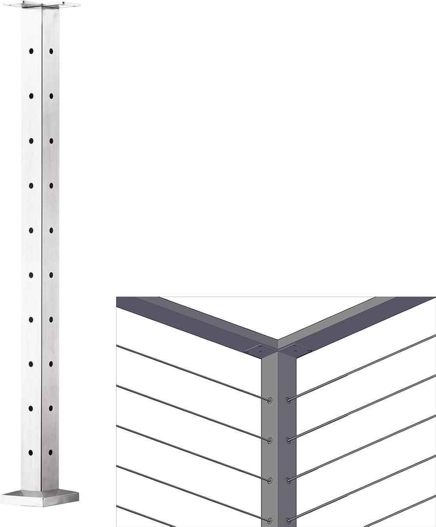 Cable Railing Post - Stainless Steel Square Fence Post for Deck Cable Railing System, Flat top 36"x2"x2" Brushed Finish Corner Post Pre-Drilled Silver