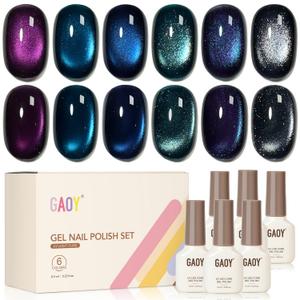 GAOY Glitter Cat Eye Gel Nail Polish Set with Magnet, 6 Colors Purple Blue Black Glitter Gel Holography, Long Lasting for Nail Art at Home & Salon Manicure (Starlight Night)