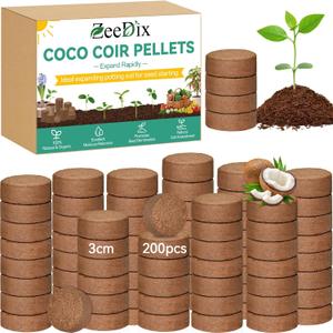 ZeeDix 200pcs(30mm) Coco Coir Pellets Potting Soil Indoor Plants, Compressed Coconut Coir Soil Pellets Seed Starting Pellets Discs for Planting Flowers Bonsai Herbs Plants and Vegetables