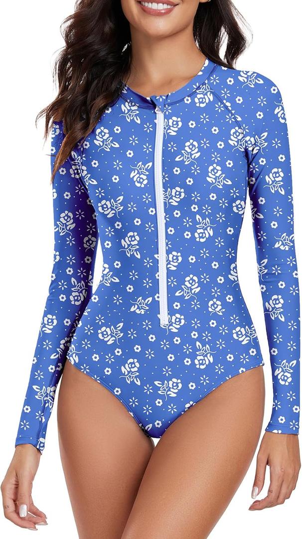 Womens Athletic One Piece Swimsuits Long Sleeve Swimsuit Sports Surfing Swimwear Bathing Suits (0-2, Blue White Print)