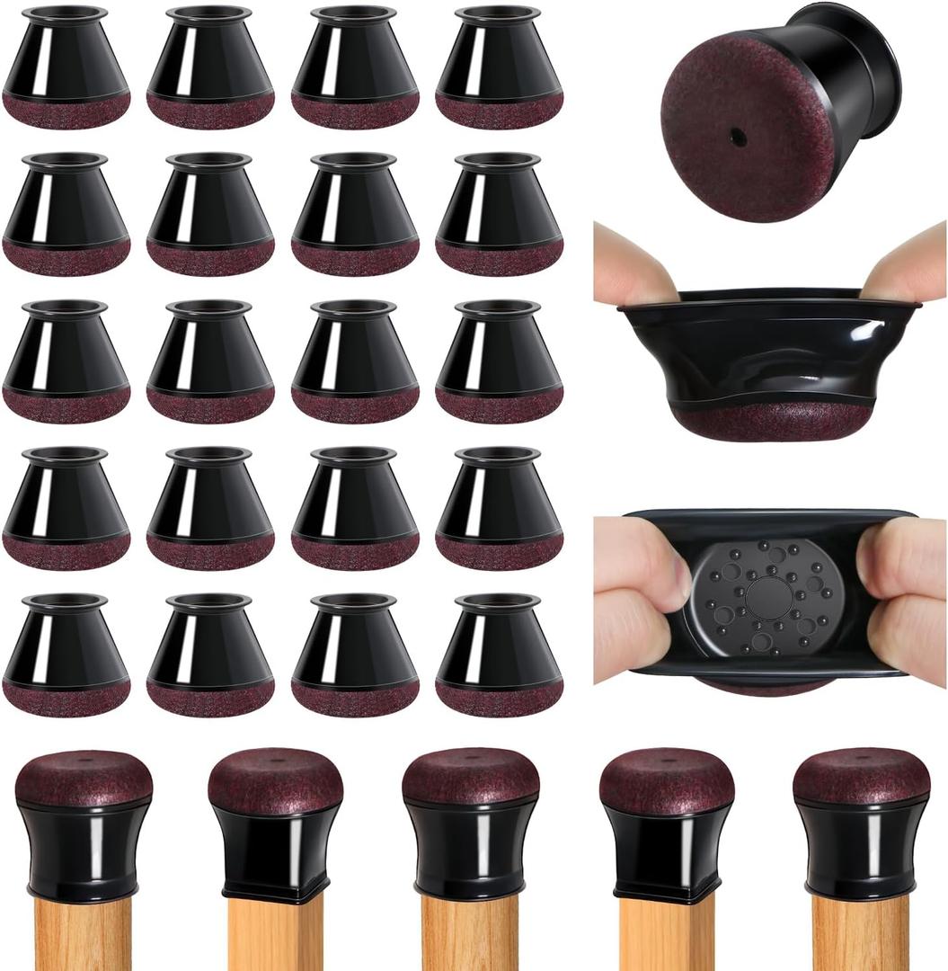 OCONDA 20 Pcs Chair Leg Floor Protectors for Hardwood Floors, Black Rubber Furniture Sliders with Felt, Silicone Furniture Leg Caps Covers (Fit Round Diameter:12/16" to 1-3/16")