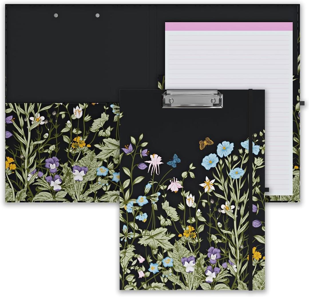 Clipboard Folio with Refillable Lined Notepad, Low Profile Clip and Interior Storage Pocket, Cute Clipfolio Design for Work, Office, School, Nurse(Wild Flowers)