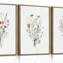 KISSFOX Framed Wildflower Wall Art Floral Canvas Wall Art Flower Pictures Wall Decor Watercolor Daisy Botanical Paintings Set of 3 for Bedroom Bathroom Living Room