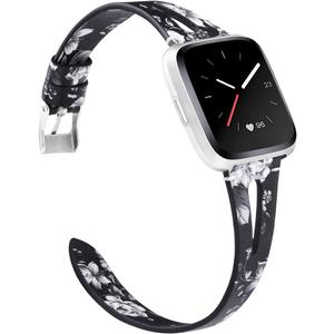 TOYOUTHS Leather Strap Compatible with Fitbit Versa Bands for Women & Men - Genuine Leather Breathable Wristbands with Ventilated Hole - Replacement Black/Grey Floral