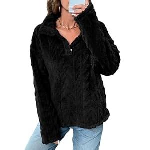 BLENCOT Women's Casual Winter Fuzzy Fleece Sweatshirts Long Sleeves Button Down Collar Neck Shaggy Cable Sherpa Pullover Jacket Pockets Black M