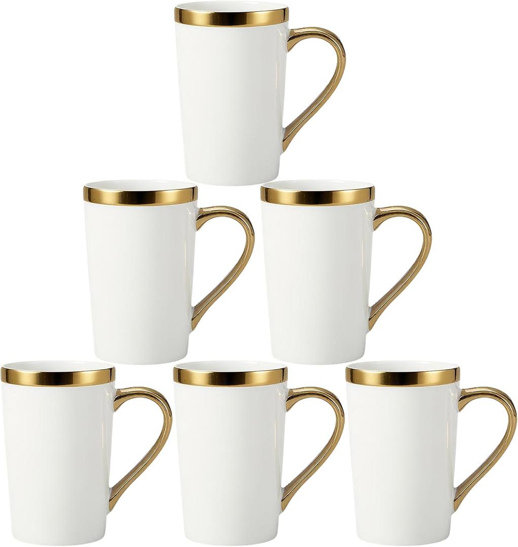 Porcelain Coffee Mugs Set of 6 - White and Gold with Gold Handle, 12 Oz Luxury Cup Set, Dishwasher Safe, Elegant Gift