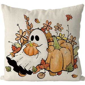 2 x GAGEC Halloween Pillow Covers 18x18 Inch Ghost Floral Throw Pillow Covers Holiday Farmhouse Fall Pillowcase Couch Cushion Case for Indoor Outdoor Home Sofa Decor