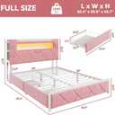 Full Upholstered LED Bed Frame with 2 Storage Drawers and 2-Tier Storage Headboard, Velvet Princess Platform Bed with Charging Station & Bookcase, Heavy Duty Metal Support, No Box Spring Needed, Pink