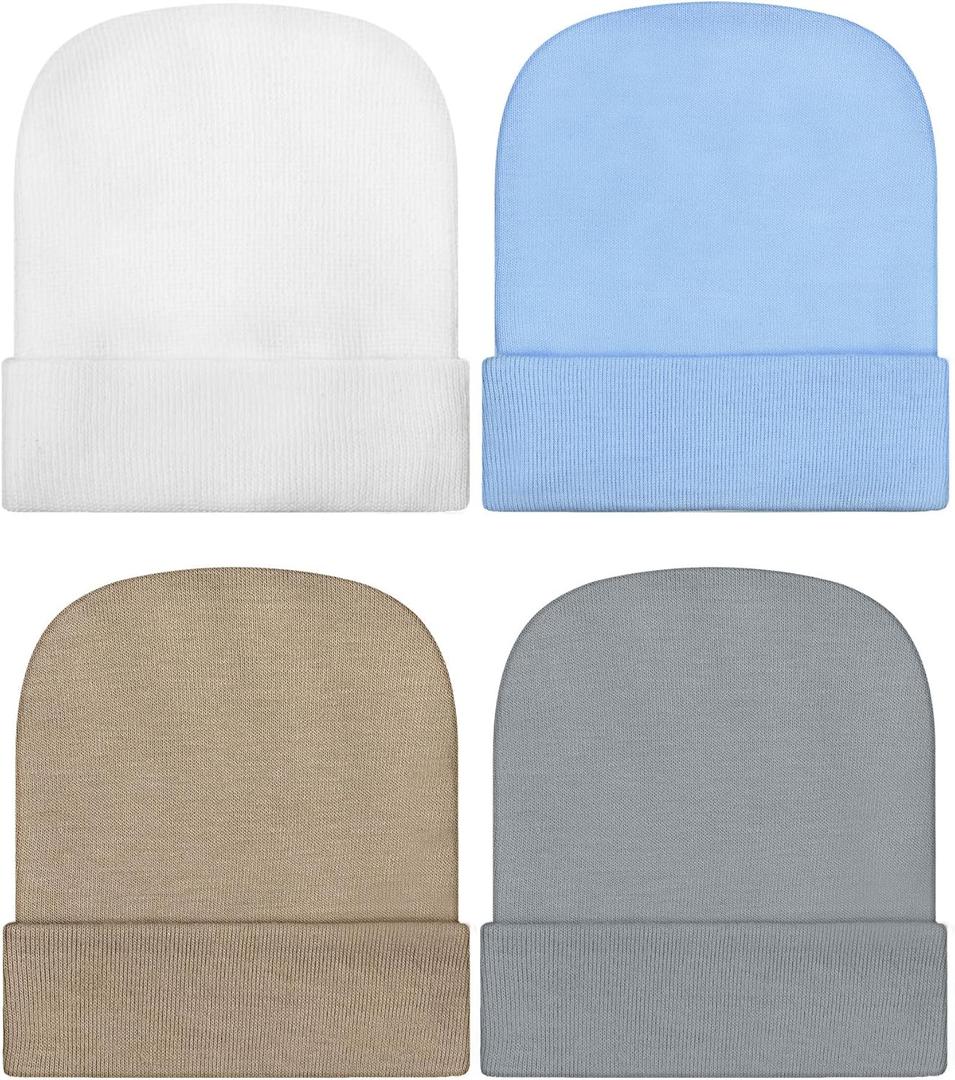 Geyoga Newborn Girl Boy Hat Newborn Beanie Stripes Hat Toddler Soft Caps Infant Cotton Knit Caps for Baby 0-6 Months (White, Clay, Ice Blue, Gray)