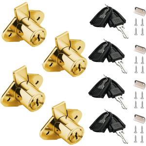 801 Cabinet Drawer Lock with Keys 7/8 inch Outside Cylinder Diameter Keyed Alike 4 Pack Brass Plated