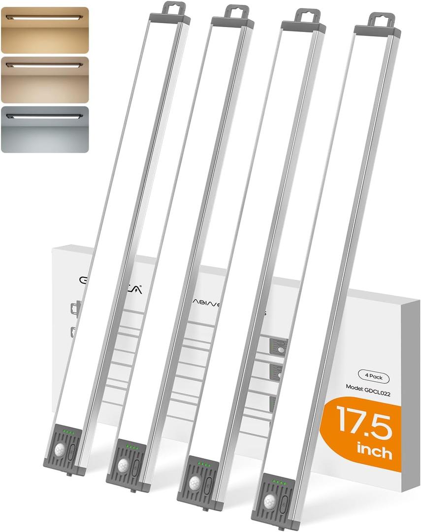 GOODEA 17.5Inch Under Cabinet Lighting, 4500mAh Rechargeable Battery Motion Sensor Light Indoor, Wireless Under Cabinet Lights for Kitchen, Closet(4 Pack,17.5inch)