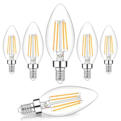Dimmable E12 LED Candelabra Bulbs 60W Equivalent, 2700K Soft Warm White, 600 Lumens B11 Candle Base 6W C35 LED Filament Vintage Light Bulbs, Clear Glass for Chandelier Ceiling Fan High CRI 90+, 6-Pack