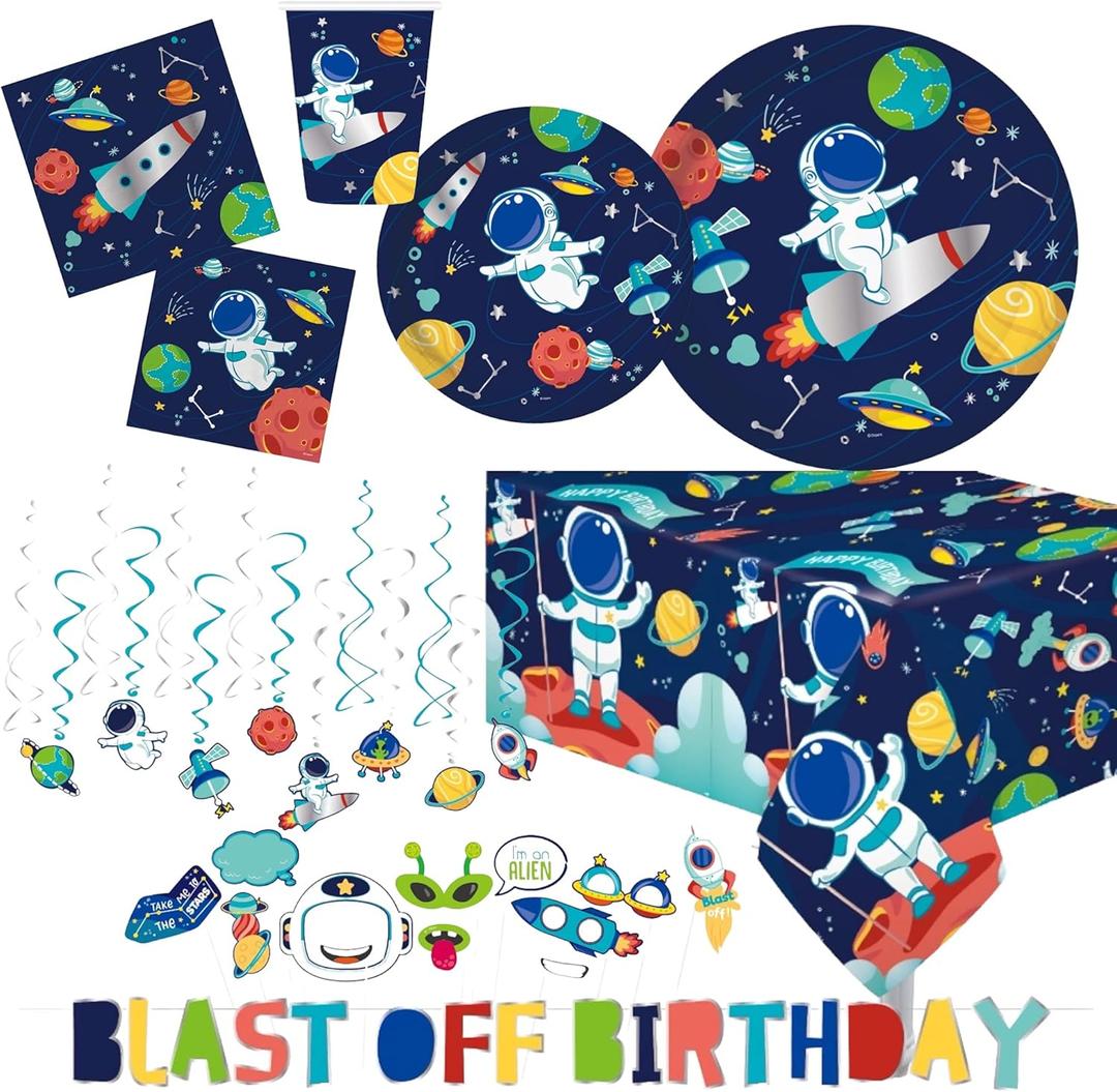 Serves 30 Complete Party Pack Outer Space Party Theme 9" Dinner Plates 7" Plates 30 Cups 2 Table Cover 30 Napkins 30 Beverage Napkins Blast off Birthday Banner 14 Swirls 12 Photo Props Space Birthday