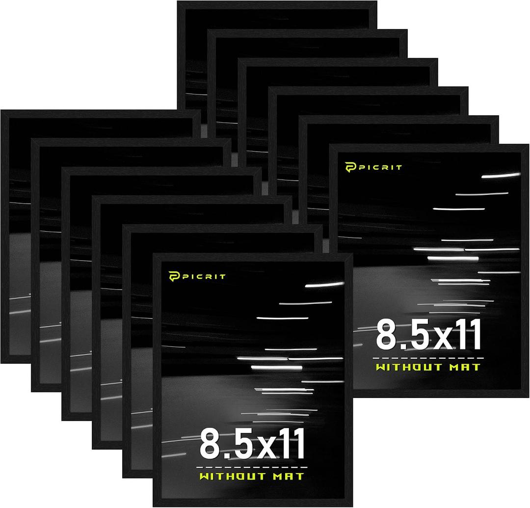 Picrit 8.5 by 11 Picture Frame Set of 12, Wall Gallery 8.5 x 11 Photo Frames without Mat, Multi Photo Display for Home Decor, Black