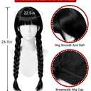 Women's Gothic Black Braided Wig with Bangs - Long Straight Twin Ponytail Synthetic Fiber Wig for Halloween & Party Costumes