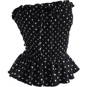 WDIRARA Women's Polka Dots Smocked Ruffle Tube Top Tie Front Strapless Bandeau Peplum Tops (Black, L)