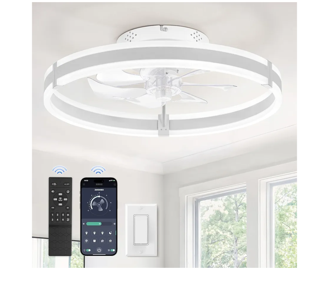 ZMISHIBO Ceiling Fans with Lights and Remote, 19.7'' Low Profile Ceiling Fan, 3000-6000K Dimmable Modern Flush Mount LED Fan Light, 6 Wind Speeds, White Fandelier Ceiling Fans for Bedroom