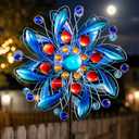Solar Wind Spinner with Glass Ball - Lighted Kinetic Metal Yard Art with Jeweled Accents - Vibrant Blue Floral Windmill Outdoor Garden Decor for Patio, Lawn, and Pathway