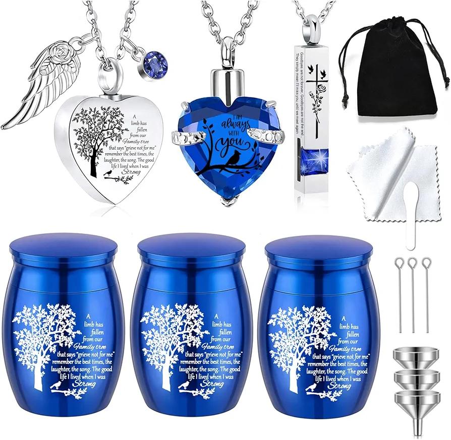 Cremation Urn Necklace for Ashes Set of 6- Small Cremation Urns for Human/Pet Keepsake Sharing Urns Memorial Ashes Holder-A Limb has Fallen from The Family Tree (6Pcs-Blue)