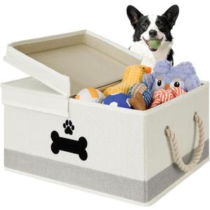 Dog Toy Basket with Double-Open Lid, Divided Dogs Basket for Toys, Collapsible Pet Toys Box, Dog Storage Organizer with 2 Divided Area, Puppy Toy Baskets with Rope Handles, Beige & Gray (Large)
