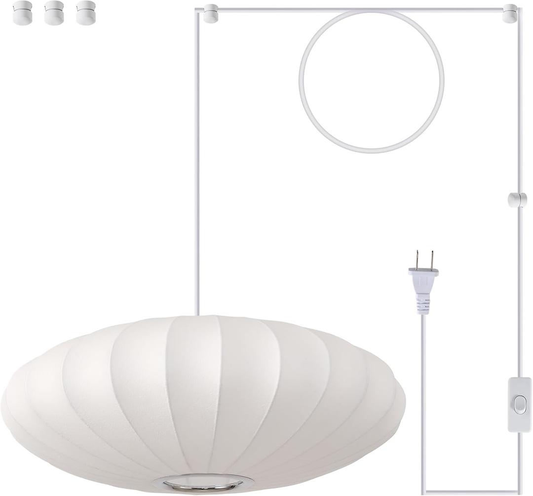 20in Plug in Pendant Light Lantern, White Imitation Silk 3-Light