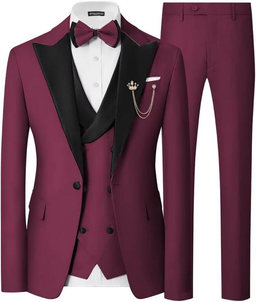 Mens 3 Piece Tuxedo Suit Slim Fit Wedding Prom Dinner Tuxedo for Men Double Breasted Suits Set with Bow Tie (Large, Wine Red)