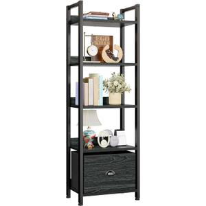 Furologee 5 Tier Bookshelf with Drawer, Kitchen Bakers Rack with Storage, Tall Narrow Bookcase, Industrial Free Standing Display Shelf, Wood and Metal Book Shelf for Bedroom, Living Room, Black