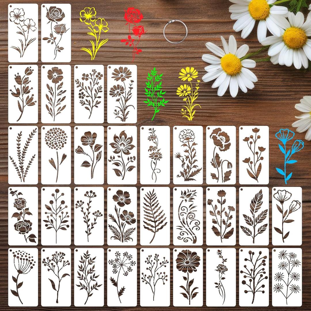 32 Pcs Wildflower Stencils for Painting on Wood, Reusable Flower Leaf Stencils Plastic DIY Craft Drawing Templates Set for Wall Paper Canvas Home Decor