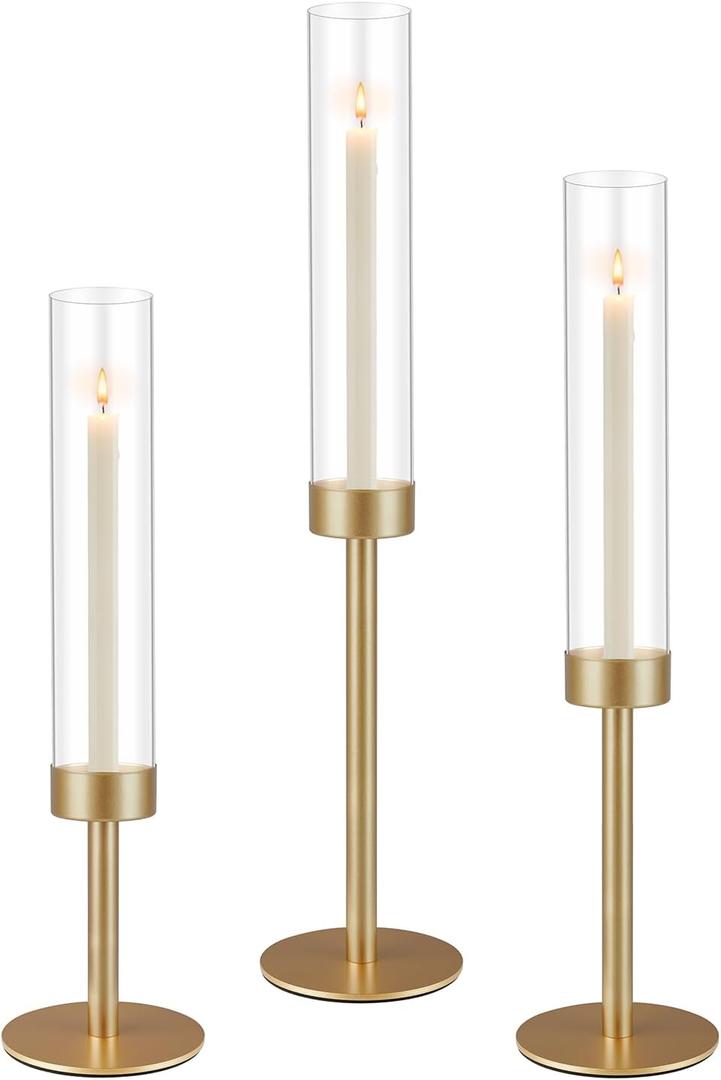 3Pcs Hurricane Glass Candle Holders Gold Candlestick Holders Taper Candle Holder with 9.8" Windproof Clear Cylinder Covers for Outdoor Indoor Tall Candle Stick Holder Decor for Wedding Party Fireplace