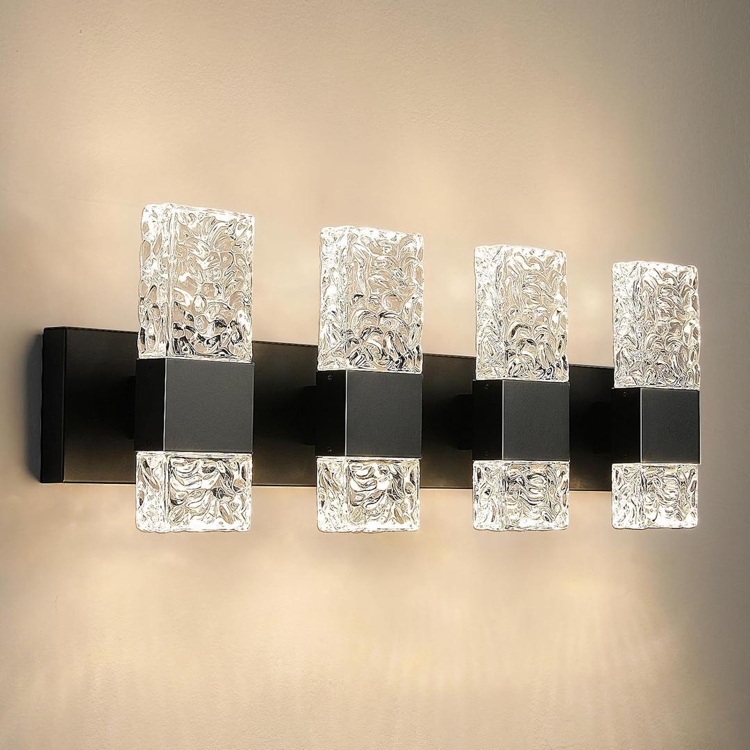 Black Bathroom Vanity Light Fixtures Bathroom Light Fixtures Over Mirror 4-Light 4000K LED Crystal Wall Sconces Modern 40W Brushed Hardwired Wall Lights for Bathroom Bedroom Living Room