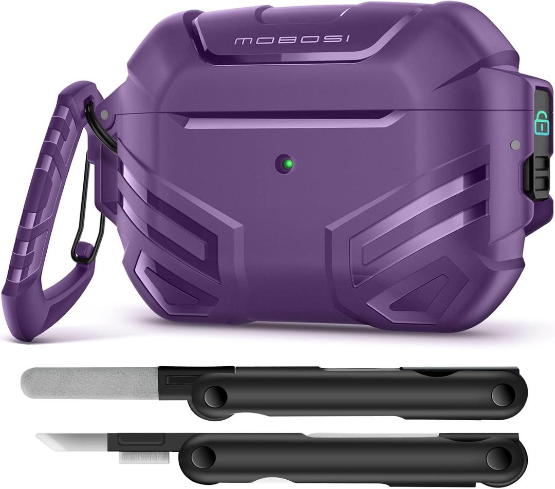 MOBOSI for AirPods Pro 2 Case with Lock, Compatible with AirPod 2nd Gen Cover [Fit for MagSafe], Military Grade Hard Shell for iPods Pro2 with Cleaner Kit & Keychain for Men(2023), Purple