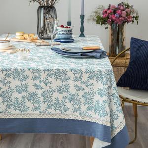 Rustic Tablecloth Solid Cotton Fabric Bordered Retro Tablecloths Classic Plant Leaf Printed Linen Fabric Table Cover Farmhouse Decoration 55x120 Inches Rectangle/Oblong Blue for Kitchen
