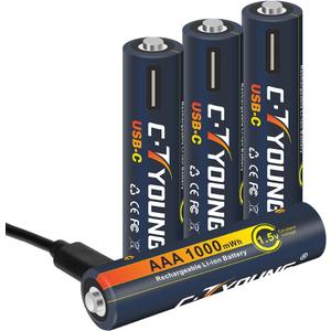 Fast Charging USB AAA Rechargeable Batteries, 1100mWh High Capacity, 4-Pack with Charge Cable, for Smart Home Devices, Cameras, Toys (60Min Charge)